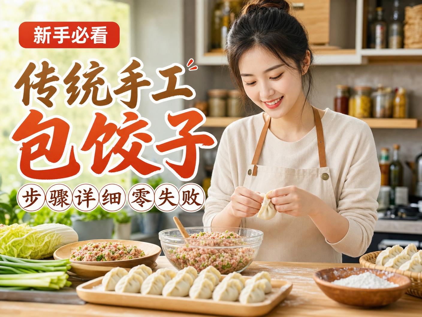 抖音风-【抖音风】传统手工包饺子教程传媒演示，步骤详细零失败
